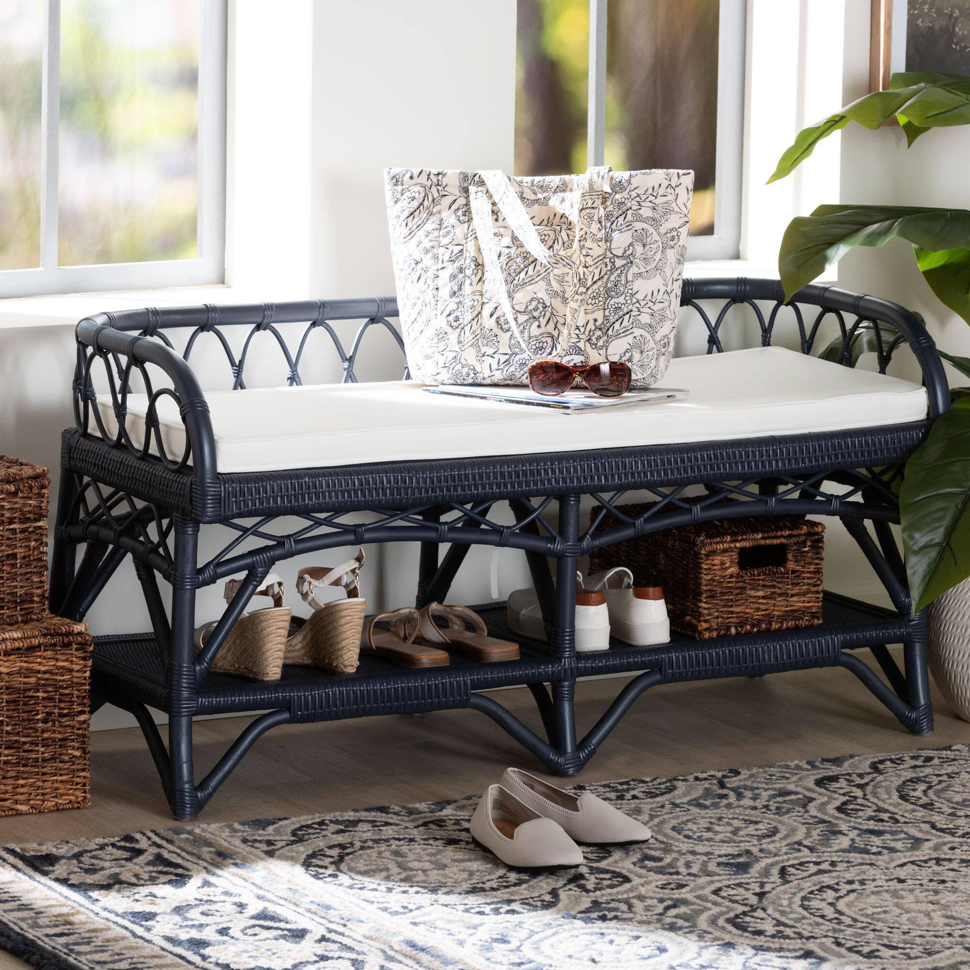 Alt View 4. bali & pari - Leryn Natural Rattan Bench with Shelf - Navy Blue.