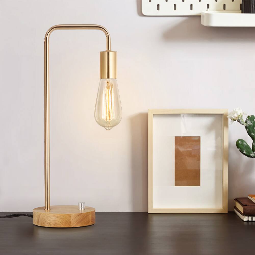 Alt View 1. Oumilen - Curved Metal Table Lamp with Natural Wood Base, Gold.