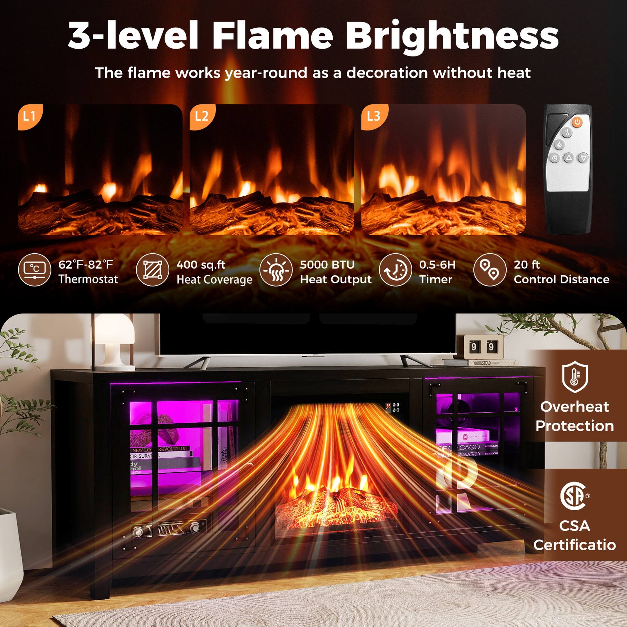3-level Flame Brightness  
The flame works year-round as a decoration without heat

L1  
L2  
L3

62°F-82°F Thermostat  
400 sq.ft Heat Coverage  
5000 BTU Heat Output  
0.5-6H Timer  
20 ft Control Distance

Overheat Protection

CSA Certification