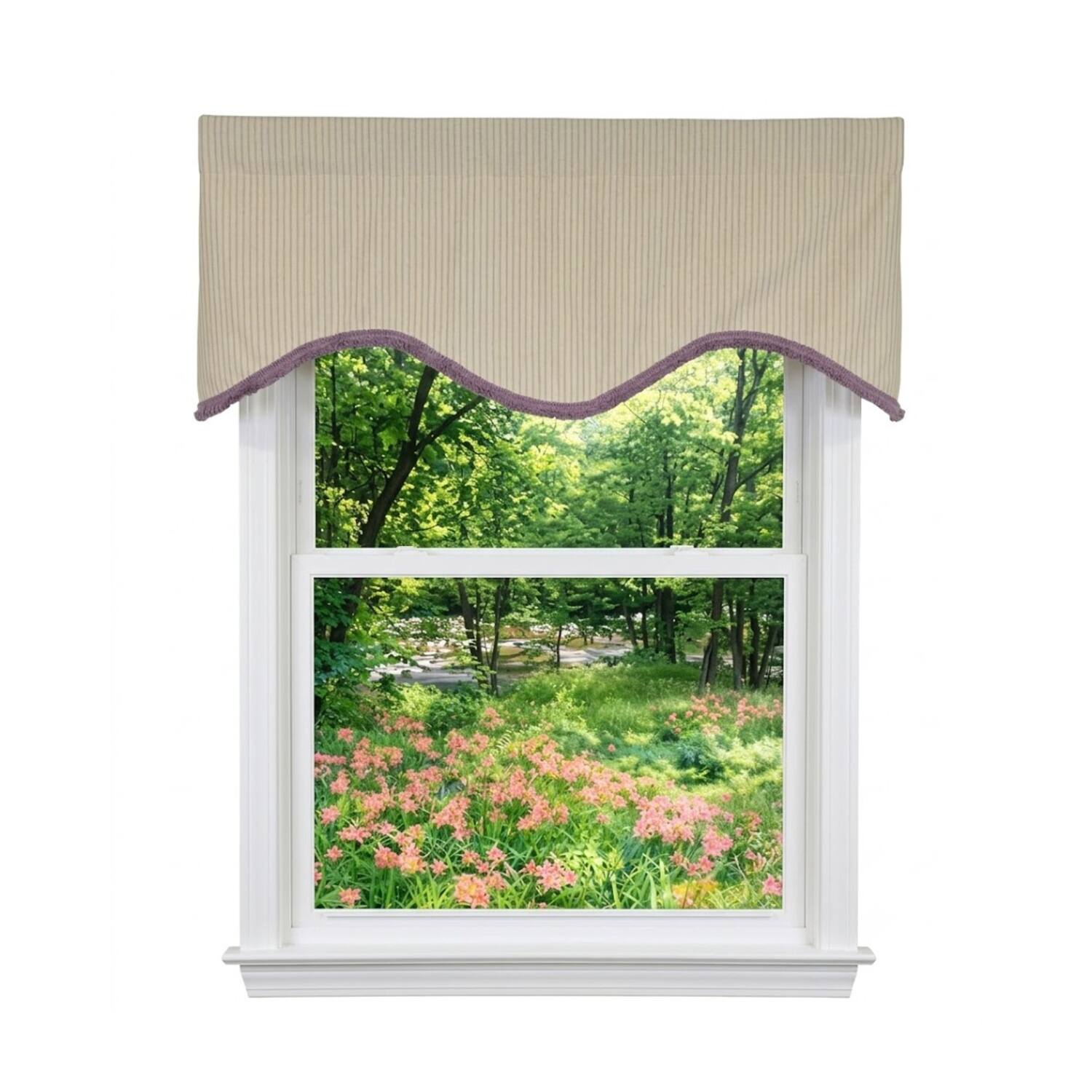 Front. RLF Home - RLF Home Lilac Stripe Trimmed Cornice Window Valance 100% Cotton Lined Rod Pocket 50" x 17" Purple - Purple.