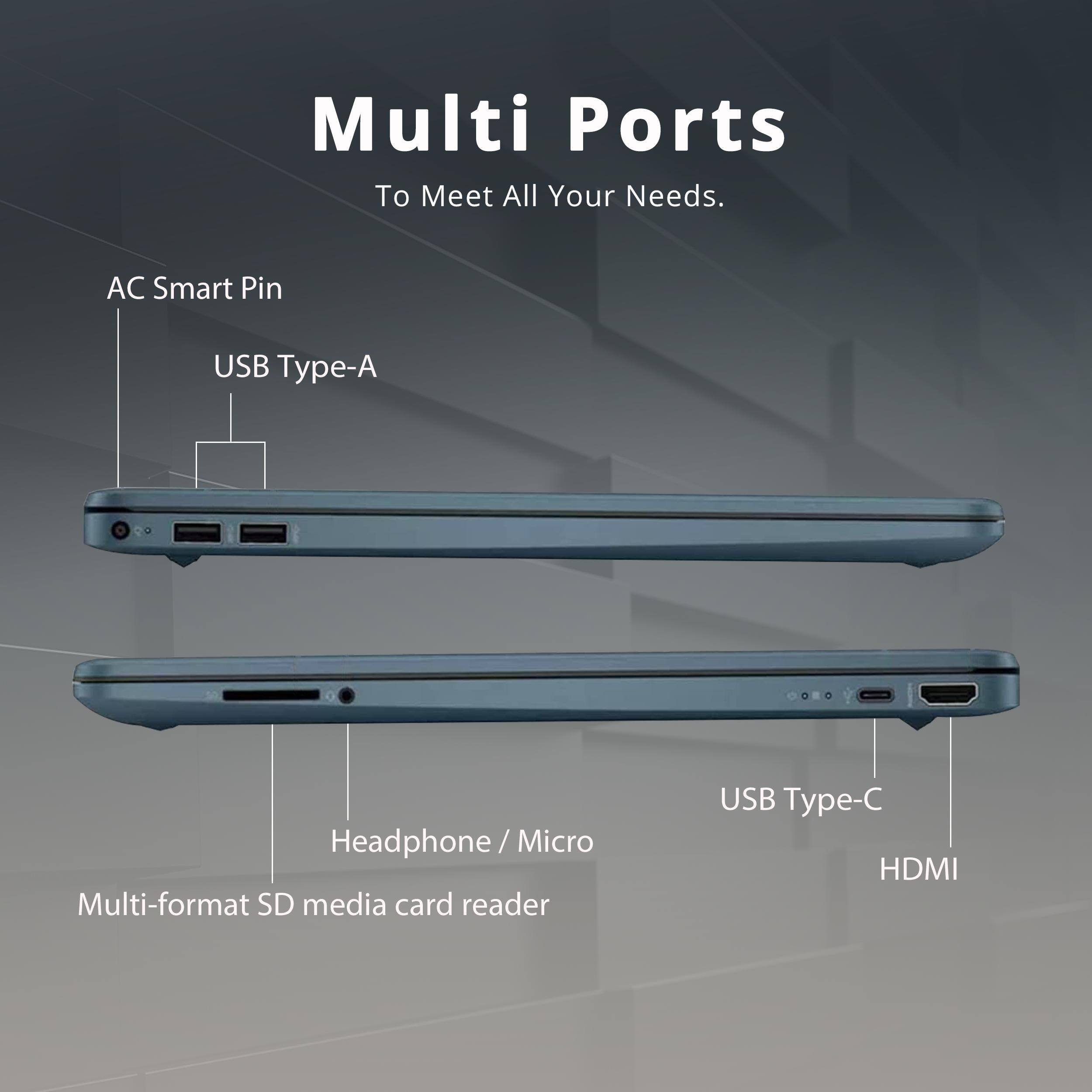 Multi Ports To Meet All Your Needs. AC Smart Pin USB Type-A Headphone / Micro Multi-format SD media card reader USB Type-C HDMI