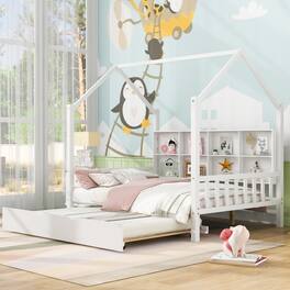 GOODSILO - Full Size Wooden House Bed with Trundle and Back Shelf for Kids - Timeless Design - White