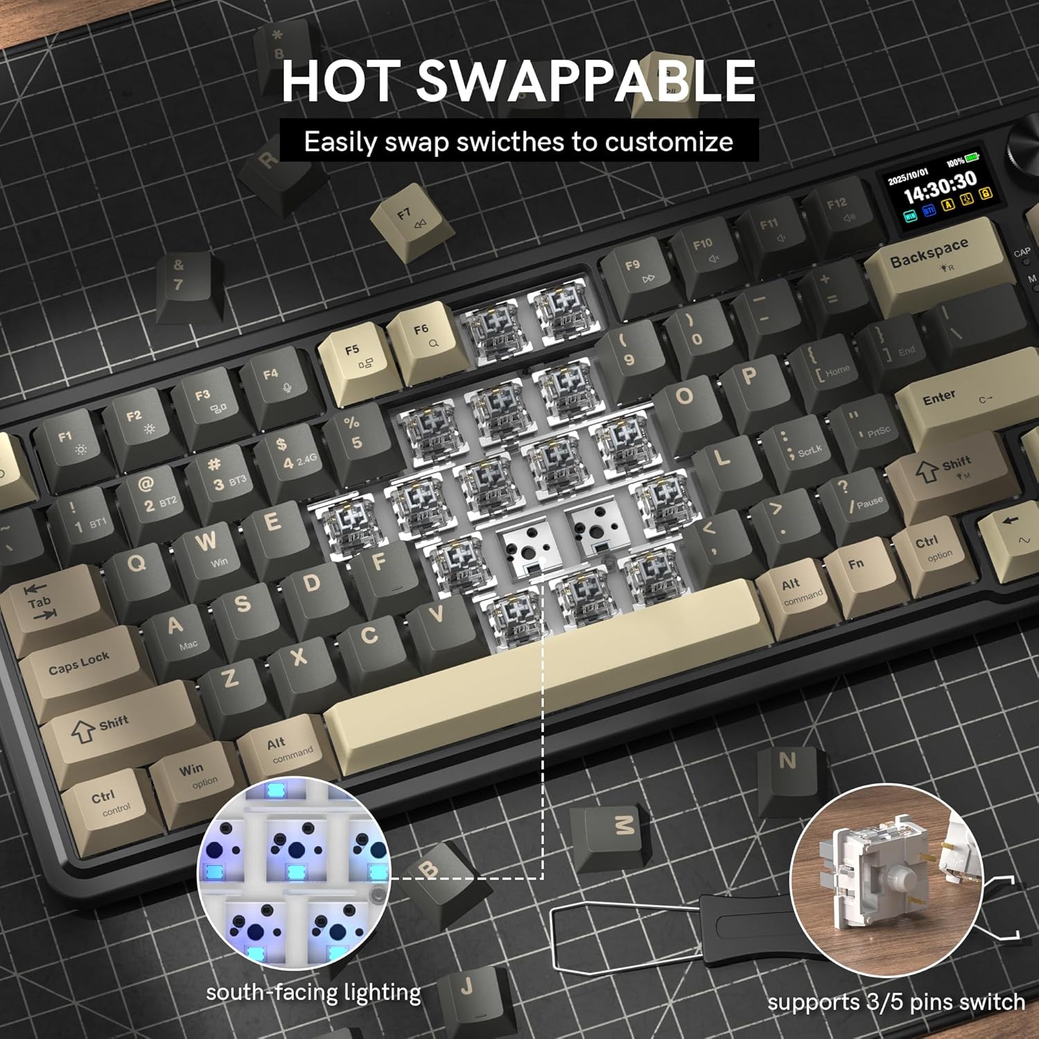 HOT SWAPPABLE  
Easily swap switches to customize  

south-facing lighting  
supports 3/5 pins switch