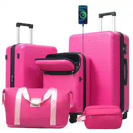 HTUTWOO - Hardside Luggage - 5 Piece with Bags -20" Half-opening Carry on with USB Port,Expandable 24"/28",Spinner Wheels,TSA Lock - Pink