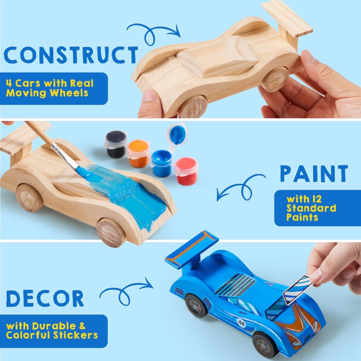 CONSTRUCT 4 Cars with Real Moving Wheels  
PAINT with 12 Standard Paints  
DECOR with Durable & Colorful Stickers