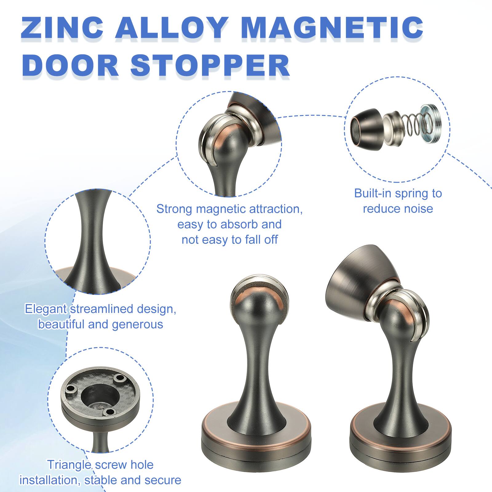 ZINC ALLOY MAGNETIC DOOR STOPPER

- Strong magnetic attraction, easy to absorb and not easy to fall off
- Built-in spring to reduce noise
- Elegant streamlined design, beautiful and generous
- Triangle screw hole installation, stable and secure