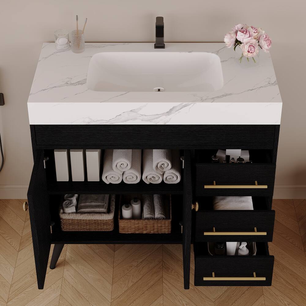 Back. Loheer - Loheer 36 inch freestanding bathroom vanity with integrated ceramic sink and faux marble top - Black, White.
