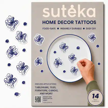 sutéka HOME DECOR TATTOOS FOOD-SAFE INSANELY DURABLE EASY DIY ENDLESS APPLICATIONS TABLEWARE, TILES, FURNITURE, CANDLE, AND MORE! WATCH OUR APPLICATION VIDEO video tutorial 14 Piece Collection