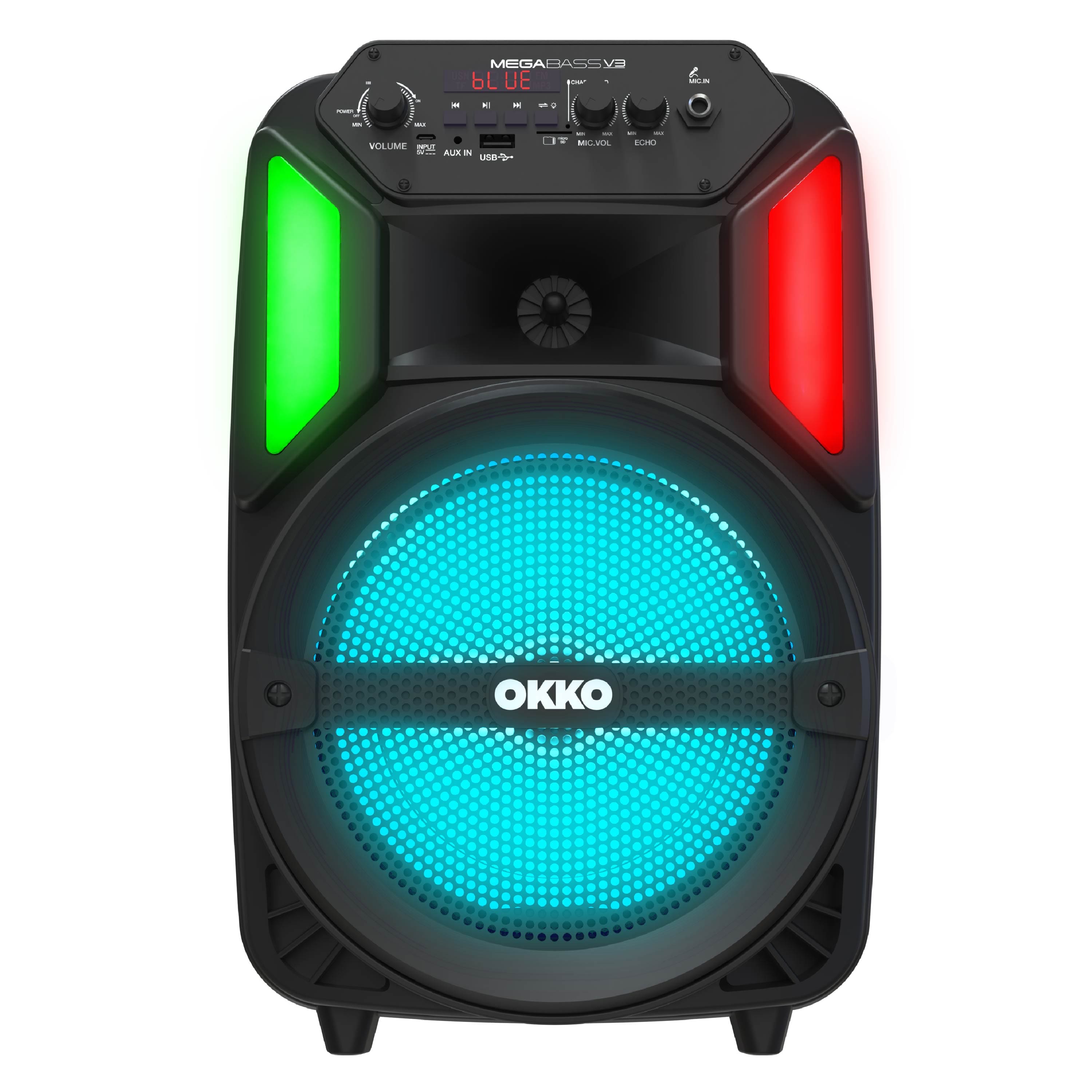 Okko - MegaBass V3 LED Jobsite Speaker, Rechargeable Bluetooth Party Speaker with 8-inch Subwoofer