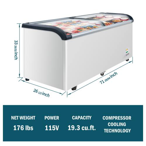 33 29/32 inch  
26 12 inch  
71 29/64 inch  
NET WEIGHT: 176 lbs  
POWER: 115V  
CAPACITY: 19.3 cu.ft.  
COMPRESSOR COOLING TECHNOLOGY