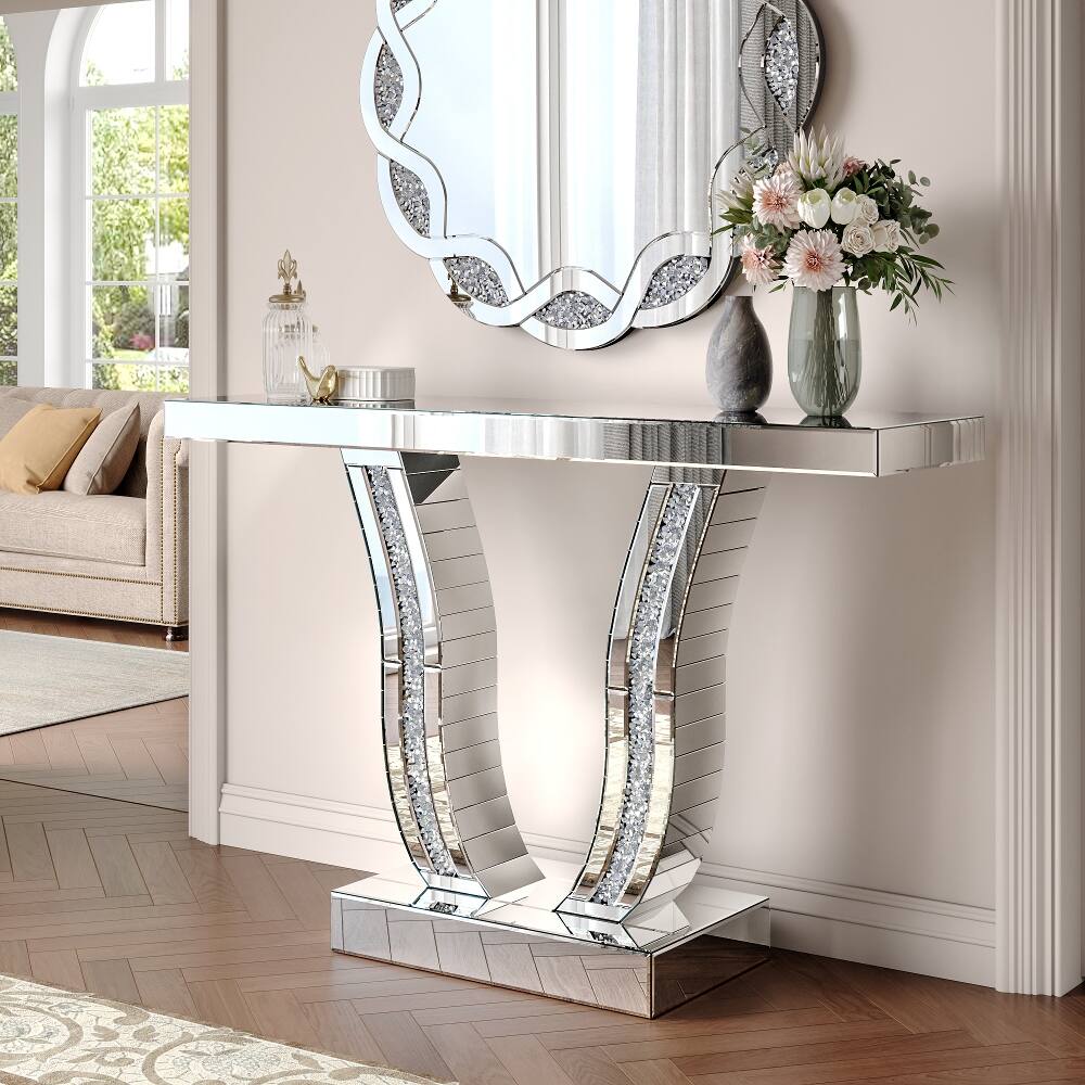 Left. Loheer - Loheer 43 inch mirrored console table, silver glam entryway table with glass top - Silver.