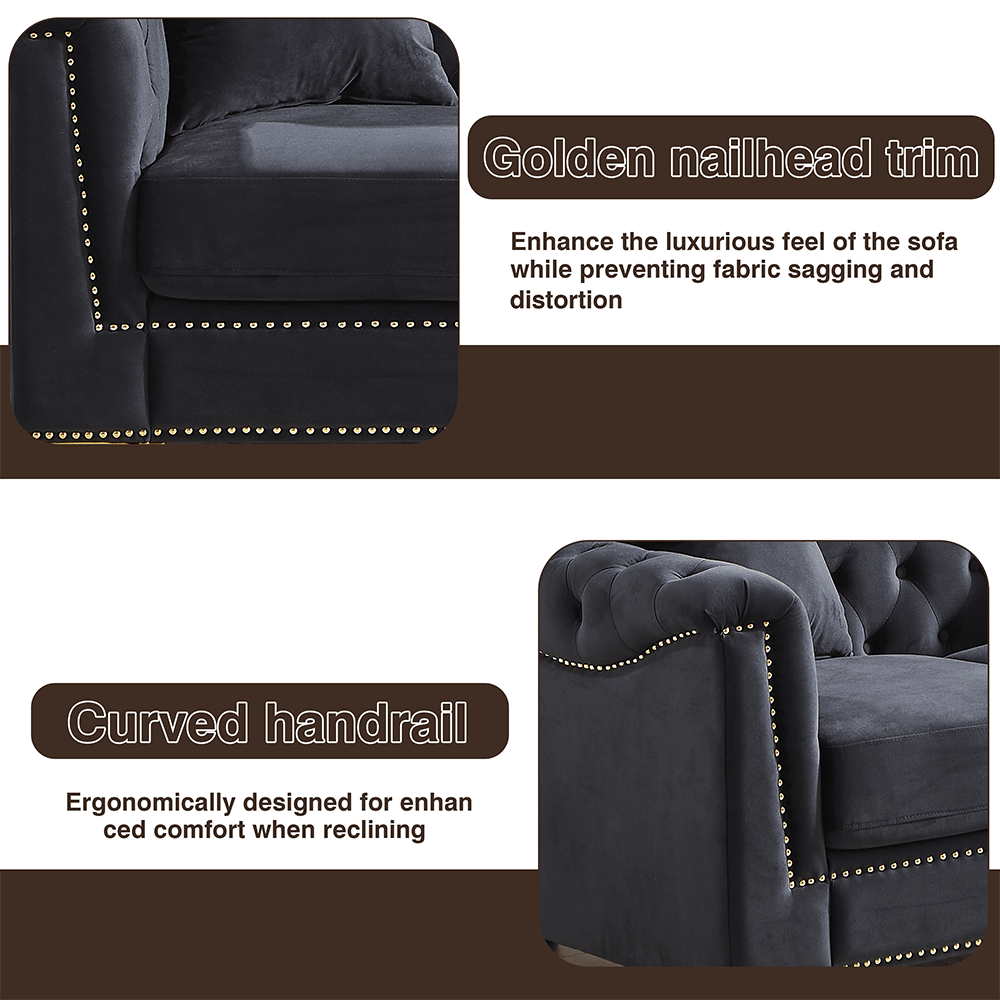Golden nailhead trim  
Enhance the luxurious feel of the sofa while preventing fabric sagging and distortion  

Curved handrail  
Ergonomically designed for enhanced comfort when reclining