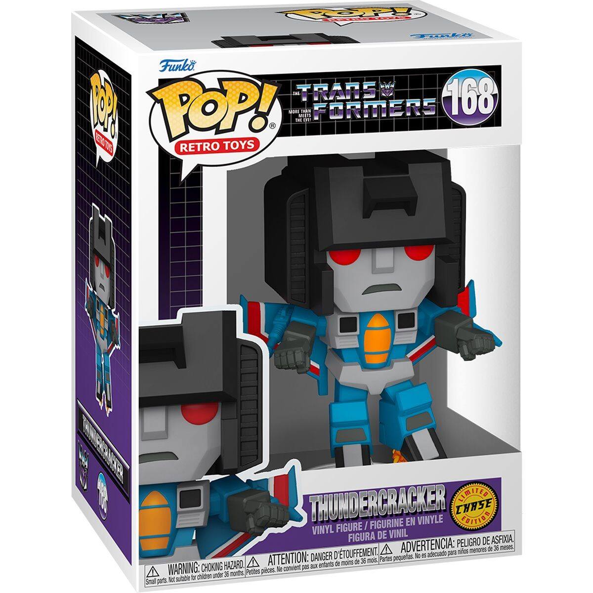 Sure, here is the corrected and grouped text from the image:

---

**Funko POP! RETRO TOYS**

**TRANSFORMERS**  
**168**

**THUNDERCRACKER**  
VINYL FIGURE / FIGURINE EN VINYLE / FIGURA DE VINIL  
**CHASE EDITION**

**WARNING: CHOKING HAZARD**  
Small parts. Not suitable for children under 36 months.  
ATTENTION: PELIGRO DE ASFIXIA.  
ADVERTENCIA: PEQUEÑAS PIEZAS. NO ADECUADO PARA NIÑOS MENORES DE 36 MESES.  
DANGER: PEQUENAS PIEZAS. NO ADECUADO PARA NIÑOS MENORES DE 36 MESES.

**Funko POP!**  
**TRANSFORMERS**  
**168**

**THUNDERCRACKER**  
VINYL FIGURE / FIGURINE EN VINYLE / FIGURA DE VINIL  
**CHASE EDITION**

**WARNING: CHOKING HAZARD**  
Small parts. Not suitable for children under 36 months.  
ATTENTION: PELIGRO DE ASFIXIA