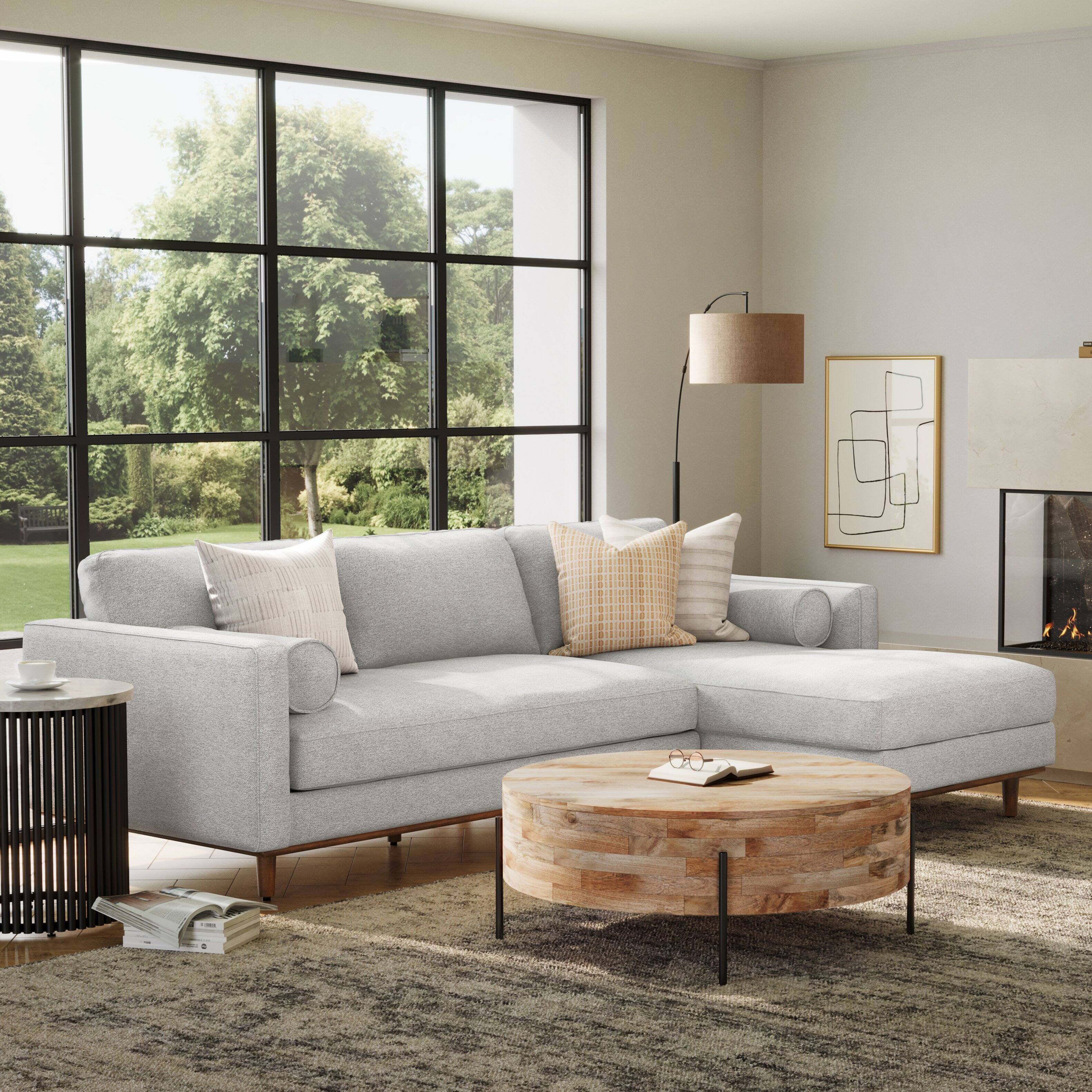 Angle. Simpli Home - Morrison Mid Century Right Sectional 102 inch Wide Sofa Sectional in Mist Grey Tightly Woven Performance Fabric - Mist Grey.