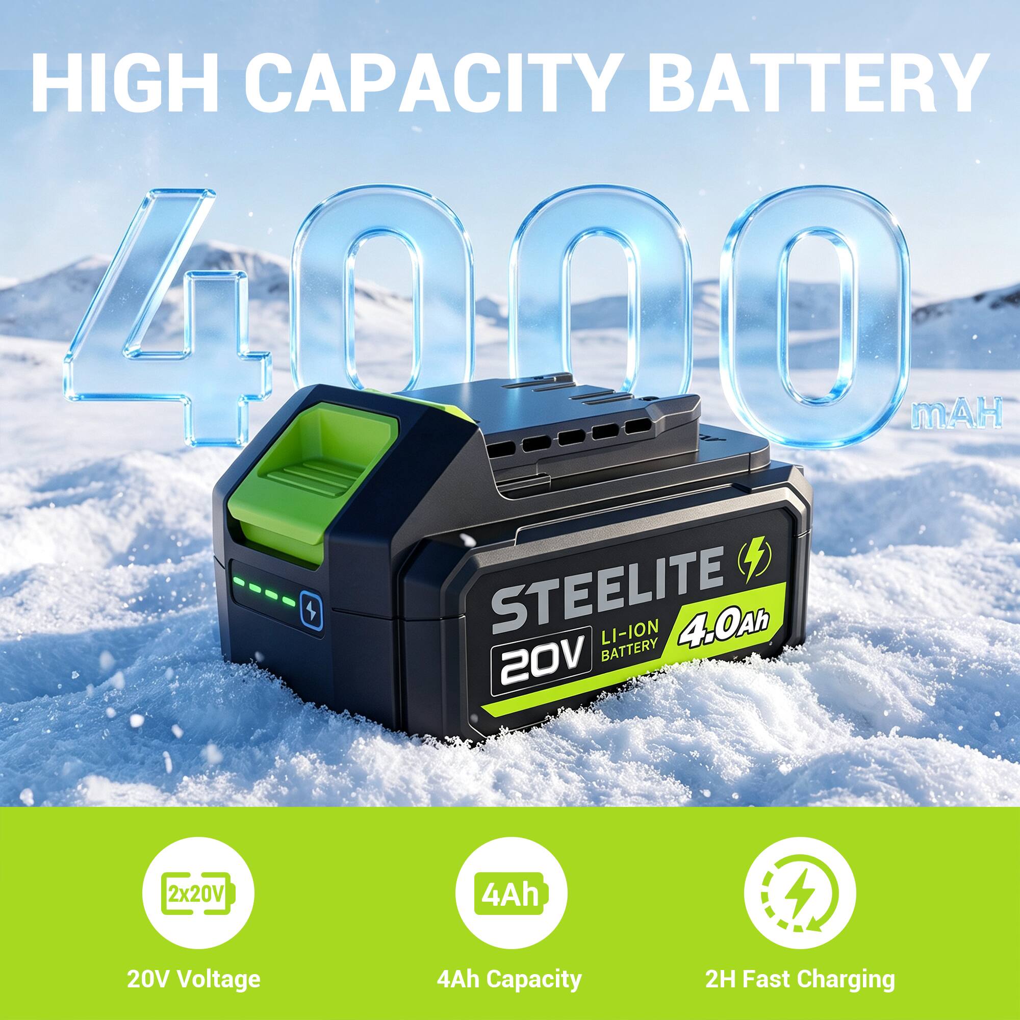 HIGH CAPACITY BATTERY  
4000 mAh  
STEELITE LI-ION BATTERY  
4.0Ah  
20V  
2x20V  
4Ah  
20V Voltage  
4Ah Capacity  
2H Fast Charging