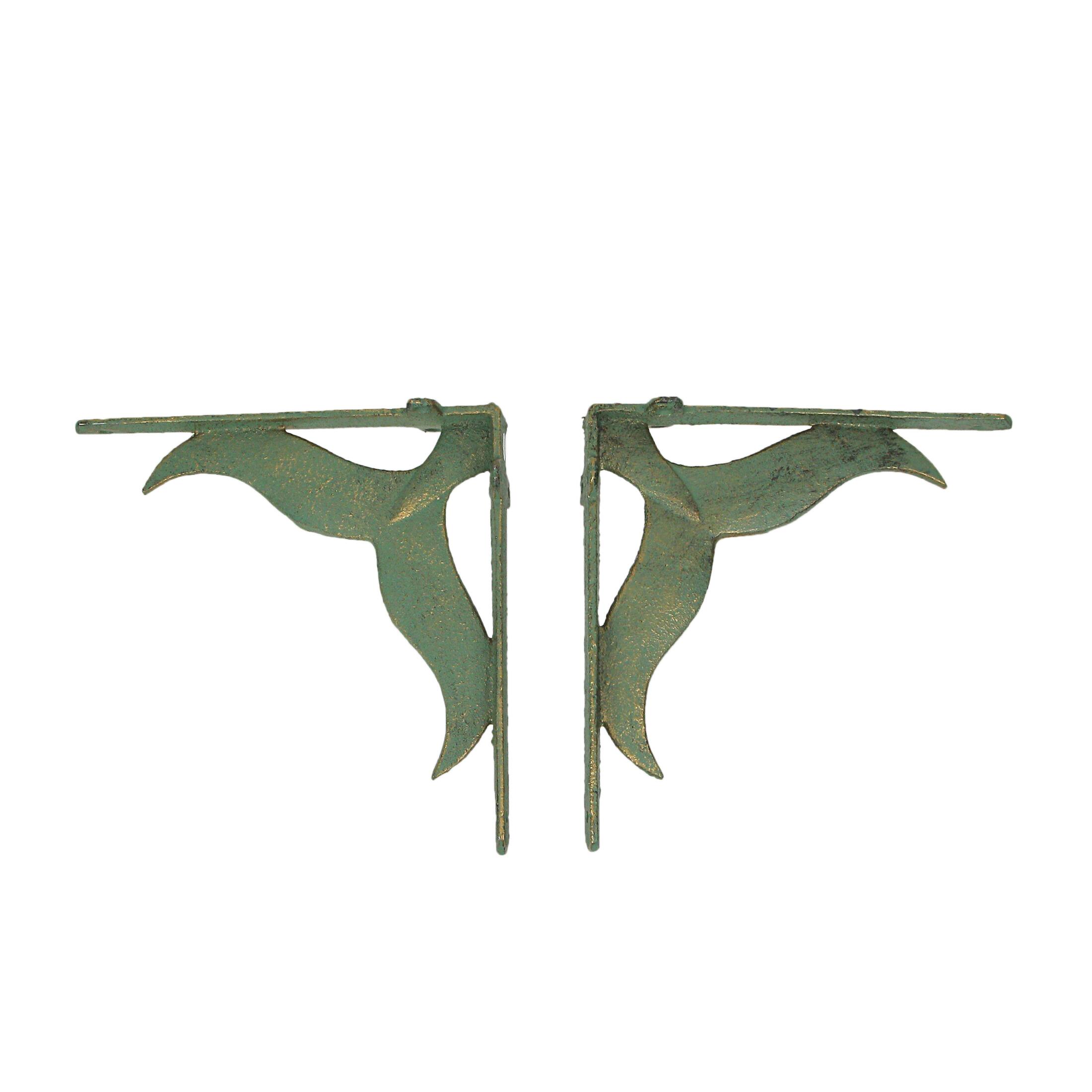 Alt View 6. Zeckos - Set of 2 Cast Iron Verdigris Whale Tail Wall Bracket Shelf Decor - Green.