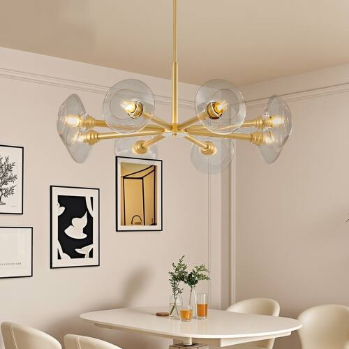 Left. LUCKY ONE - 36in Hanging Sputnik Chandelier, 8-Light Gold Mid-Century Pendant for Dining Room Living Room Kitchen - Gold.
