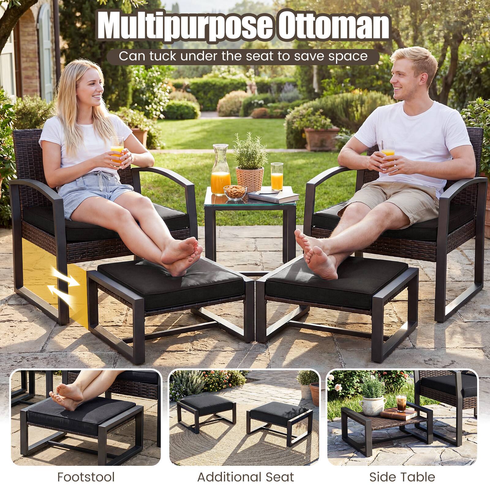 Multipurpose Ottoman  
Can tuck under the seat to save space  

Footstool  
Additional Seat  
Side Table