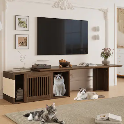 Front. Dexmalle - Dexmalle Modern 2 in 1 Cat Furniture 78" Extendable Walnut TV Stand (up to 100") - Walnut.