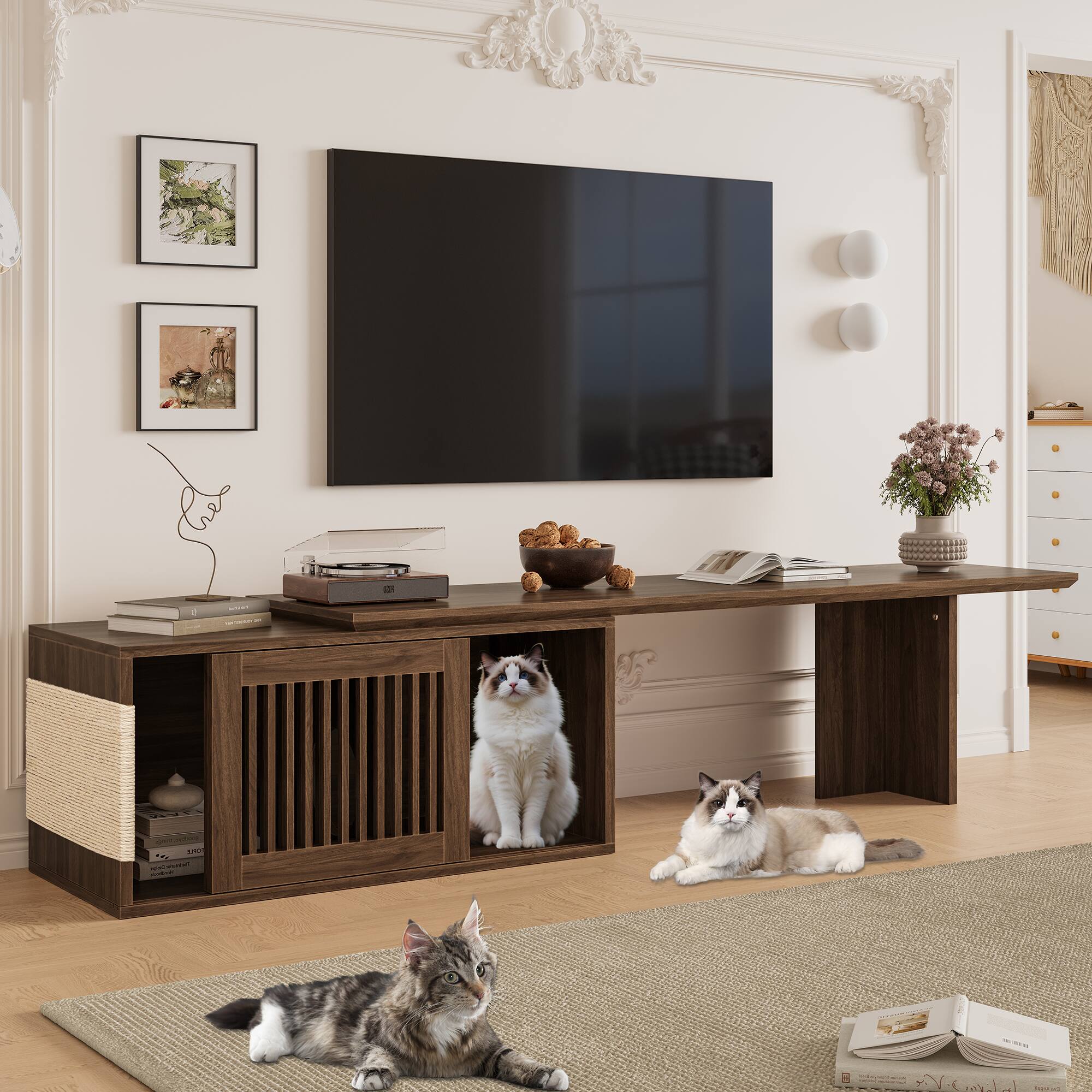 Front. Dexmalle - Dexmalle Modern 2 in 1 Cat Furniture 78" Extendable Walnut TV Stand (up to 100") - Walnut.