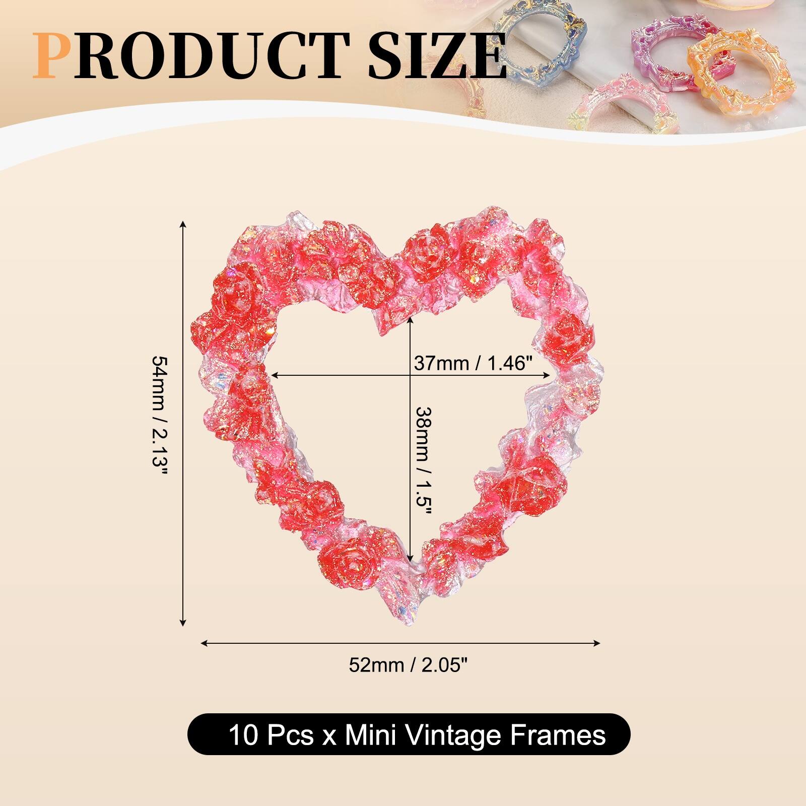 PRODUCT SIZE

54mm / 2.13"  
37mm / 1.46"  
38mm / 1.5"  
52mm / 2.05"  

10 Pcs x Mini Vintage Frames