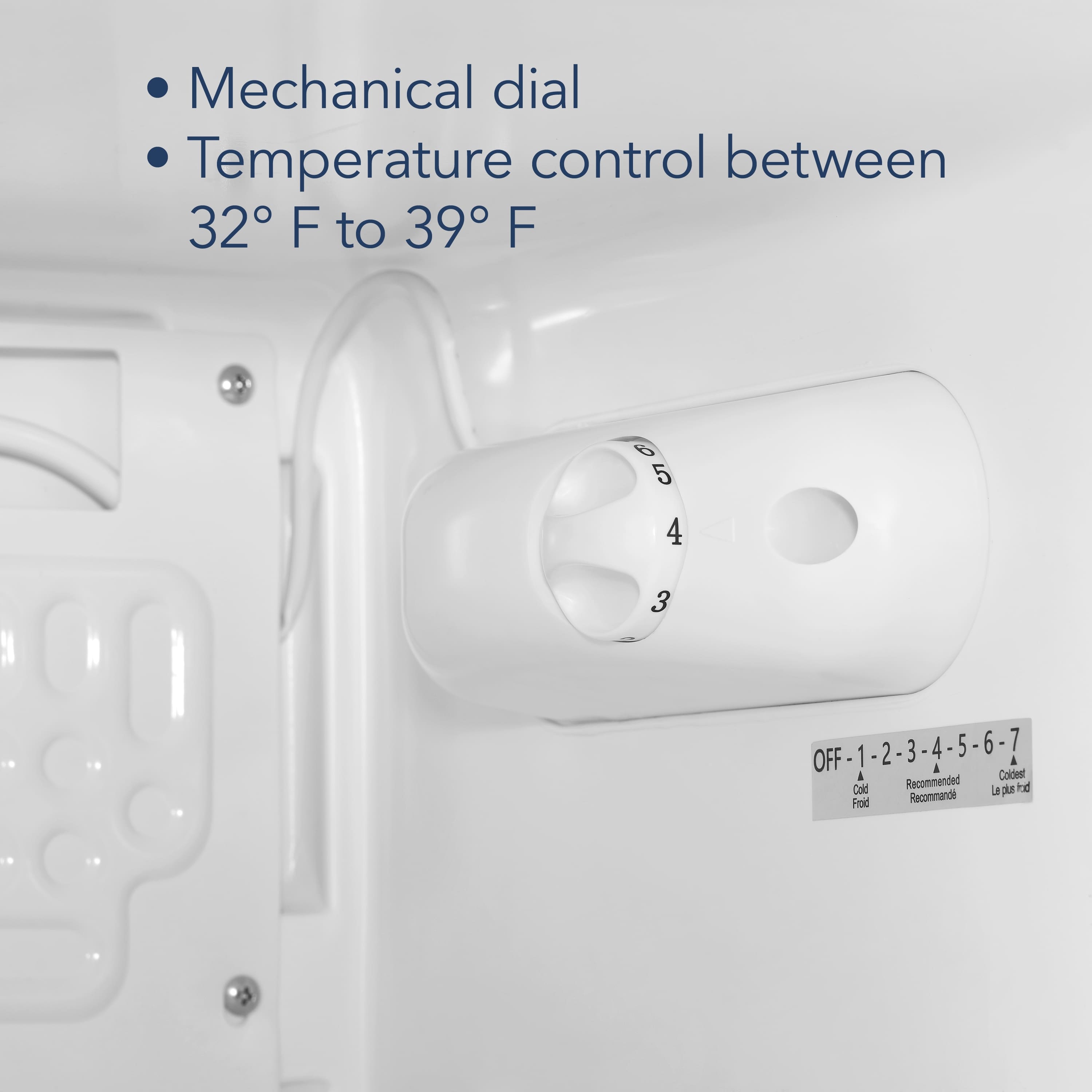 The text on the image reads: "Mechanical dial Temperature control between 32°F to 39°F. 6 6 5 4 3 OFF-1-2-3-4-5-6-7 5 - 6 7 OFF 1 2 3 4 5 6 7." This text is grouped as follows:
1. Mechanical dial: The first part of the text describes the type of temperature control used in the appliance.
2. Temperature control between 32°F to 39°F: The second part of the text specifies the range of temperatures that the appliance can maintain.
3. 6 6 5 4 3: The third part of the text lists the numbers that correspond to the temperature settings.
4. OFF-1-2-3-4-5-6-7: The fourth part of the text shows the sequence of numbers that correspond to the temperature settings.
5. 5 - 6 7: The fifth part of the text shows the range of numbers that correspond to the temperature settings.
6. OFF: The last part of the text indicates that the appliance can be turned off.
The text also mentions "Coldest Cod Recommended" and "Frozen Food," which are not part of the main description of the temperature control.