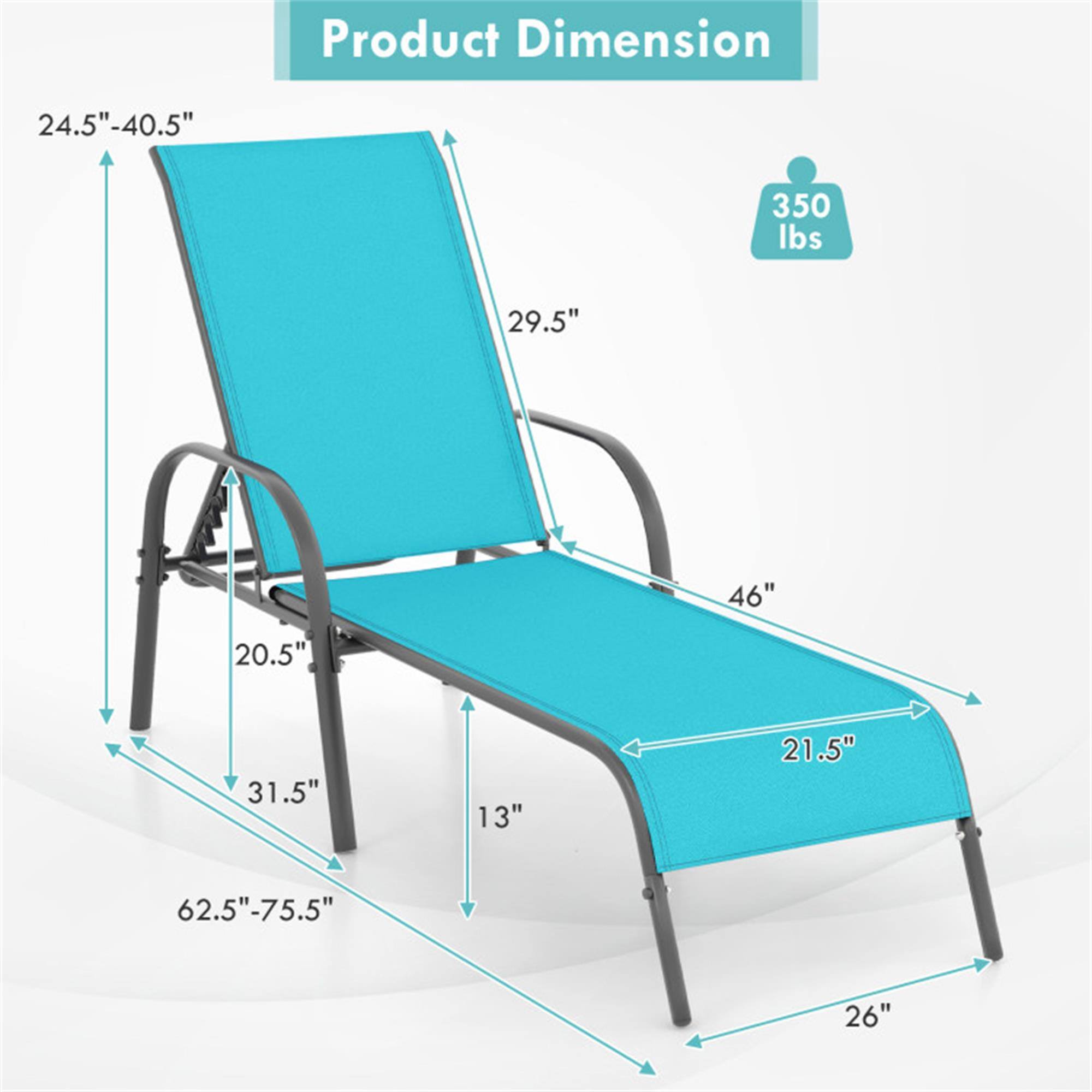 Product Dimension  
24.5" - 40.5"  
350 lbs  
29.5"  
46"  
20.5"  
31.5"  
13"  
21.5"  
62.5" - 75.5"  
26"