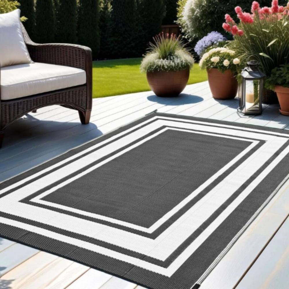 Front. Comfort Essence - WATERPROOF PLASTIC STRAW OUTDOOR RUG - Black - Black.