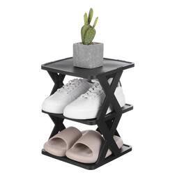 Unique Bargains - 3-Tier Plastic Shoe Rack, Vertical Stackable Folding Narrow Shelf for Closet Entryway Garage - Black/Black