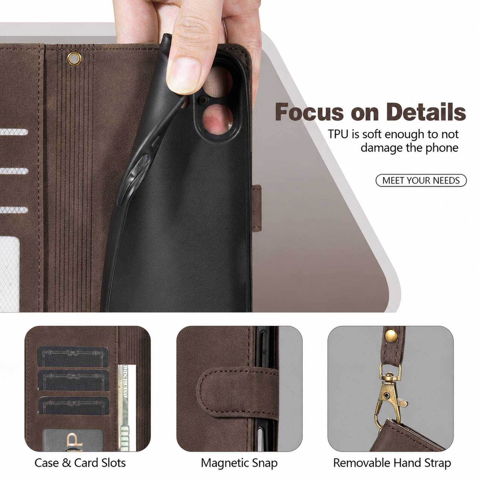 Focus on Details  
TPU is soft enough to not damage the phone  
MEET YOUR NEEDS  
Case & Card Slots  
Magnetic Snap  
Removable Hand Strap