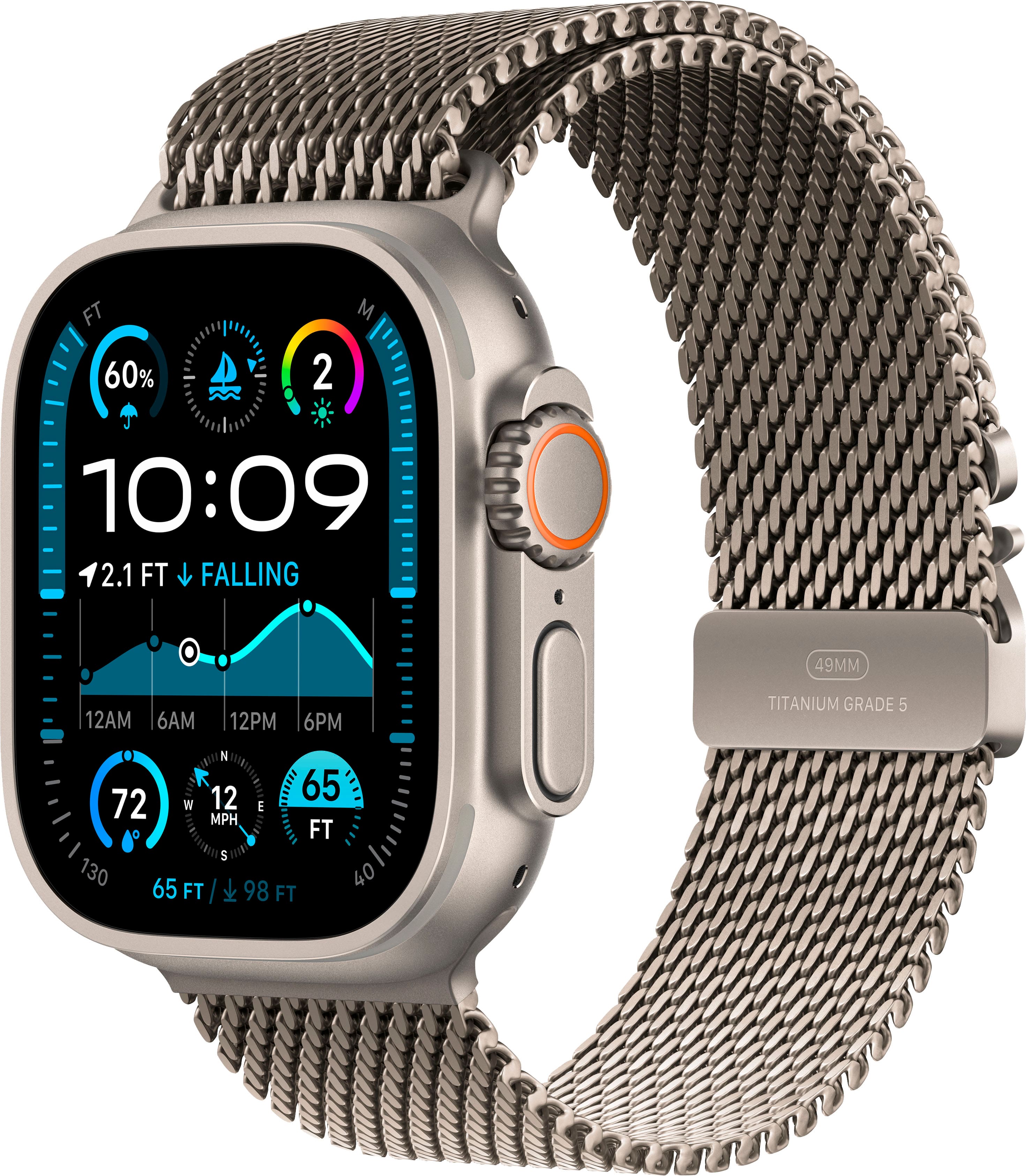 Apple Watch Ultra 2 (GPS+Cellular) 49mm Titanium Case with Natural Titanium Milanese Loop - Medium - Natural - (2024) - Angle_Zoom
