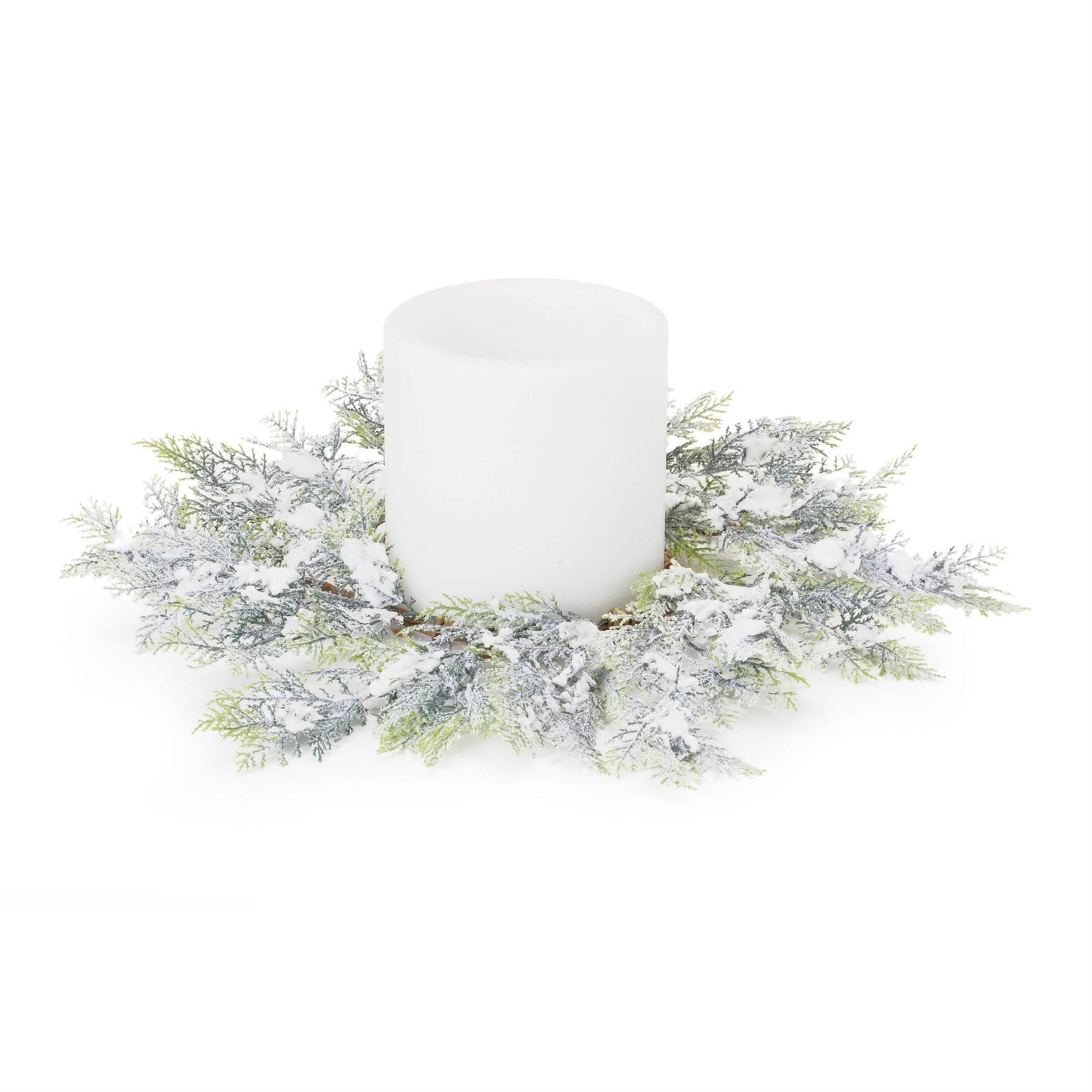 Angle. BreeBe - Flocked Cedar Wreath 15"D - Green, White.