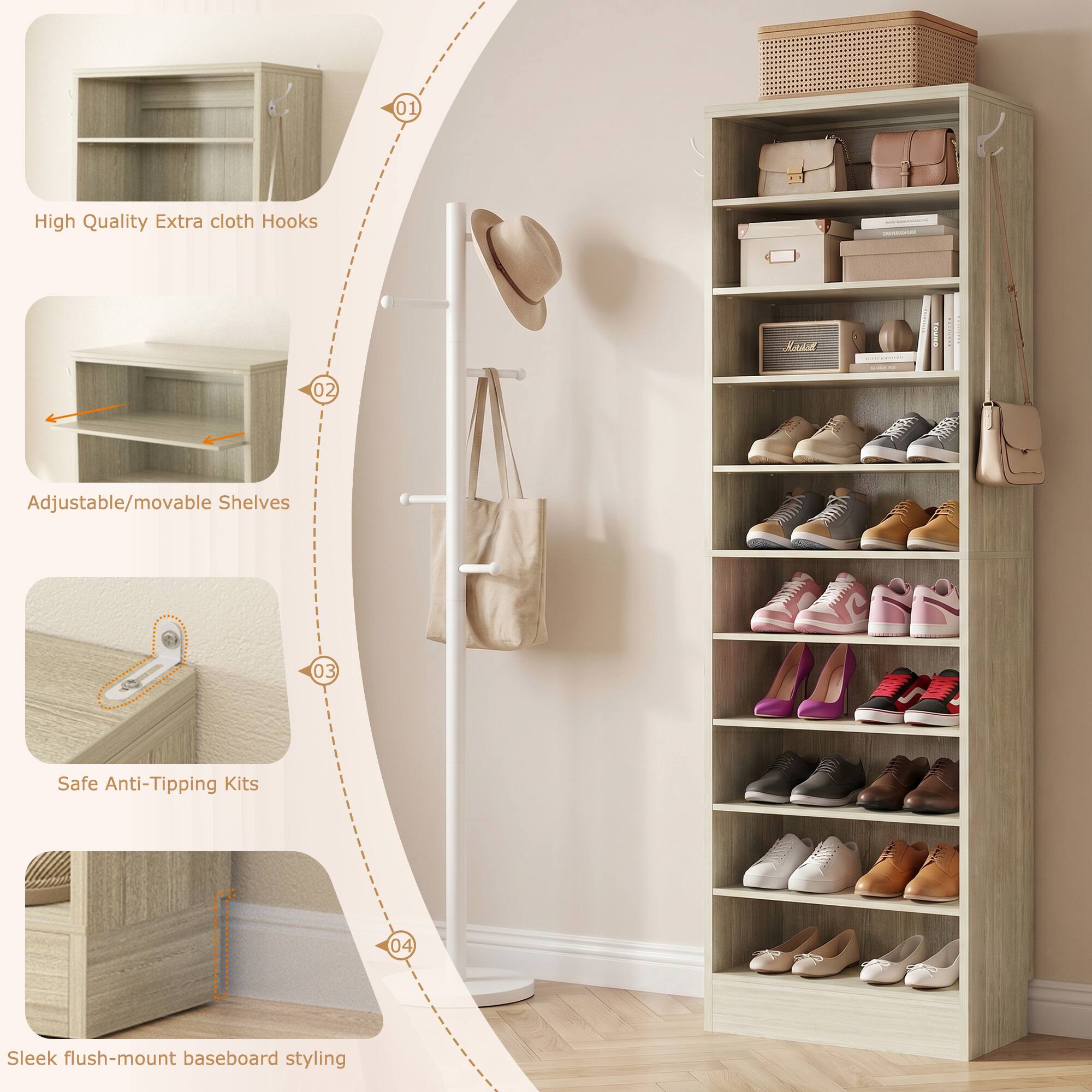 01 High Quality Extra cloth Hooks  
02 Adjustable/movable Shelves  
03 Safe Anti-Tipping Kits  
04 Sleek flush-mount baseboard styling