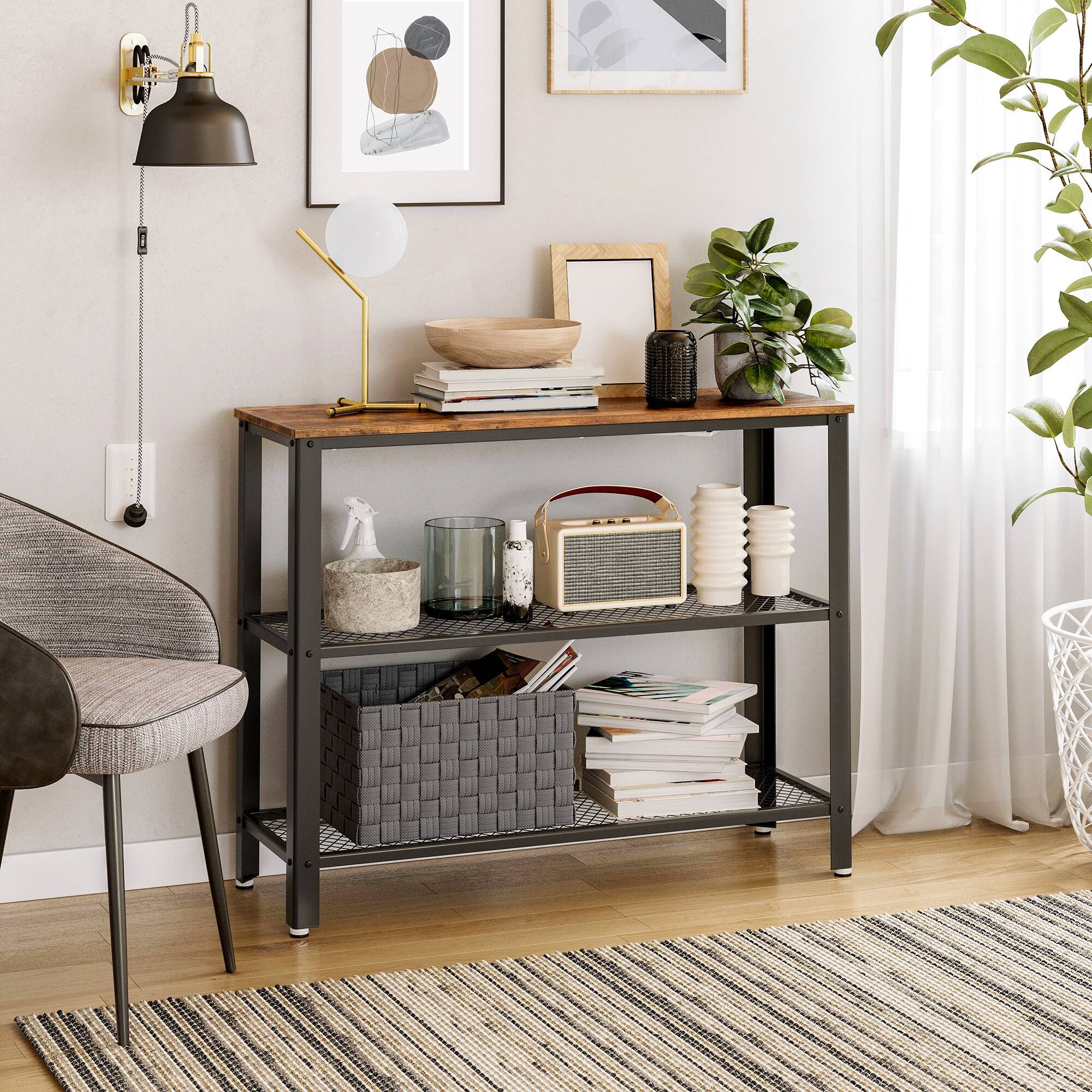 Back. Songmics Home - 40" Industrial Console, 3 Tier Entryway Storage Shelf, Narrow Sofa Table for Living Room, Hallway, Entrance Hall - Rustic Brown and Black.
