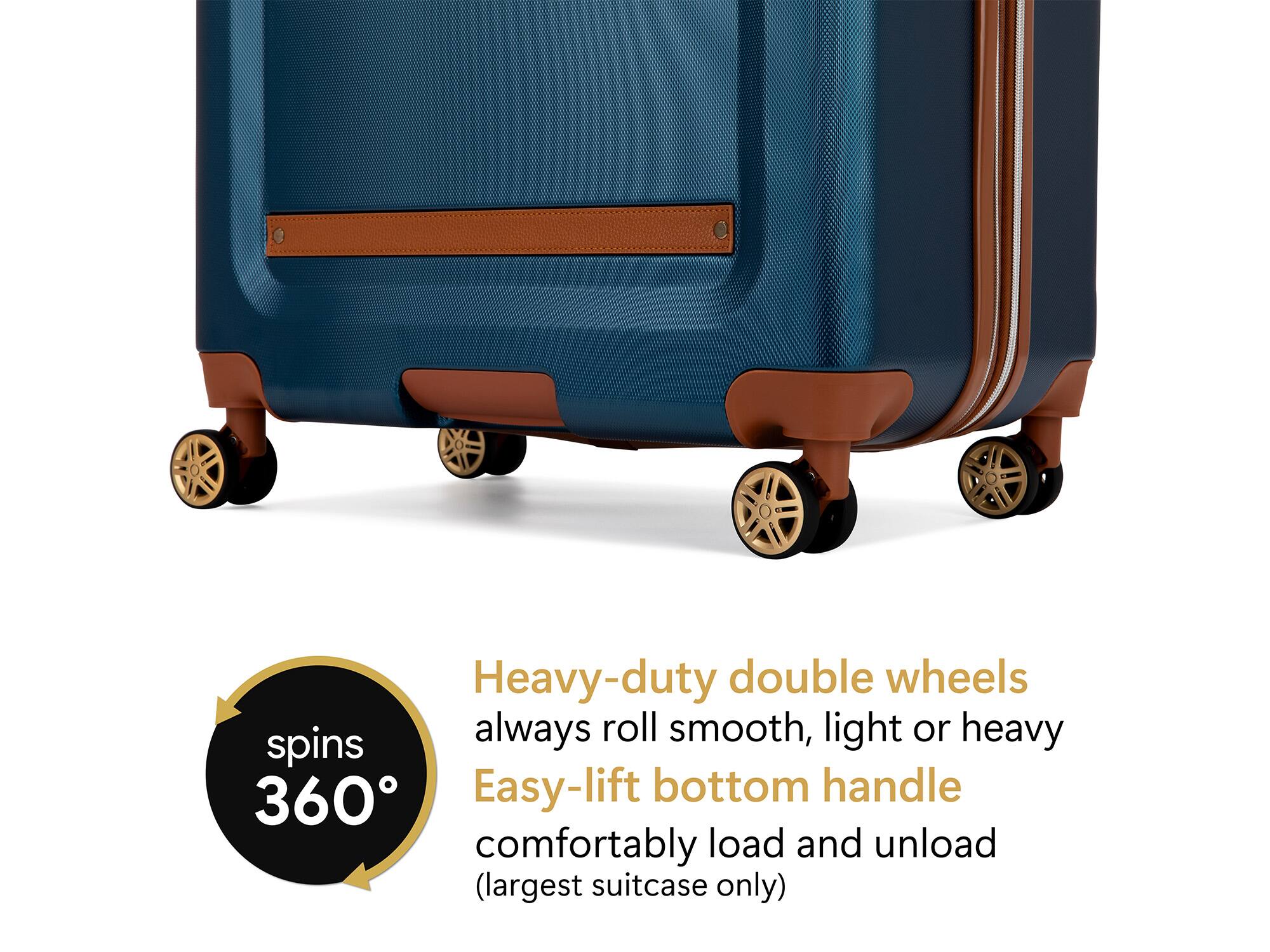Heavy-duty double wheels always roll smooth, light or heavy
Easy-lift bottom handle comfortably load and unload (largest suitcase only)
spins 360