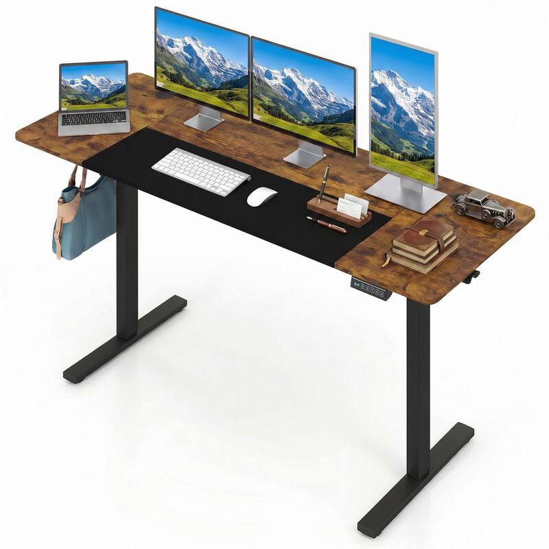 Left. WELLFOR - 63"x 24" Height Adjustable Sit Stand Computer Desk with 3 Memory Presets&Hanging Hooks,Electric Ergonomic Stand up Desk - Rustic Brown.