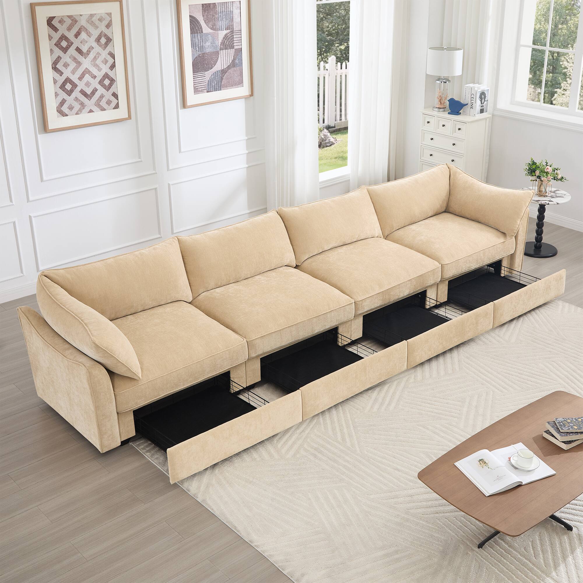 Left. Aukfa - 4-Seater Sofa with Pull-Out Drawers - Crescent-Shaped Armrests, Chenille Fabric, Wraparound Cushions - Hazelwood.