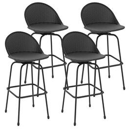 Gymax - Rattan Swivel Barstools Set of 4 w/ Curved Back & Heavy-Duty Metal Support - Black