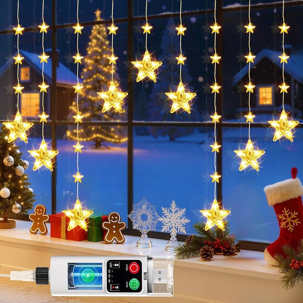 MOSZAR LLC - LED Star Curtain Lights – 76 LEDs, Warm White & Multicolor, Waterproof