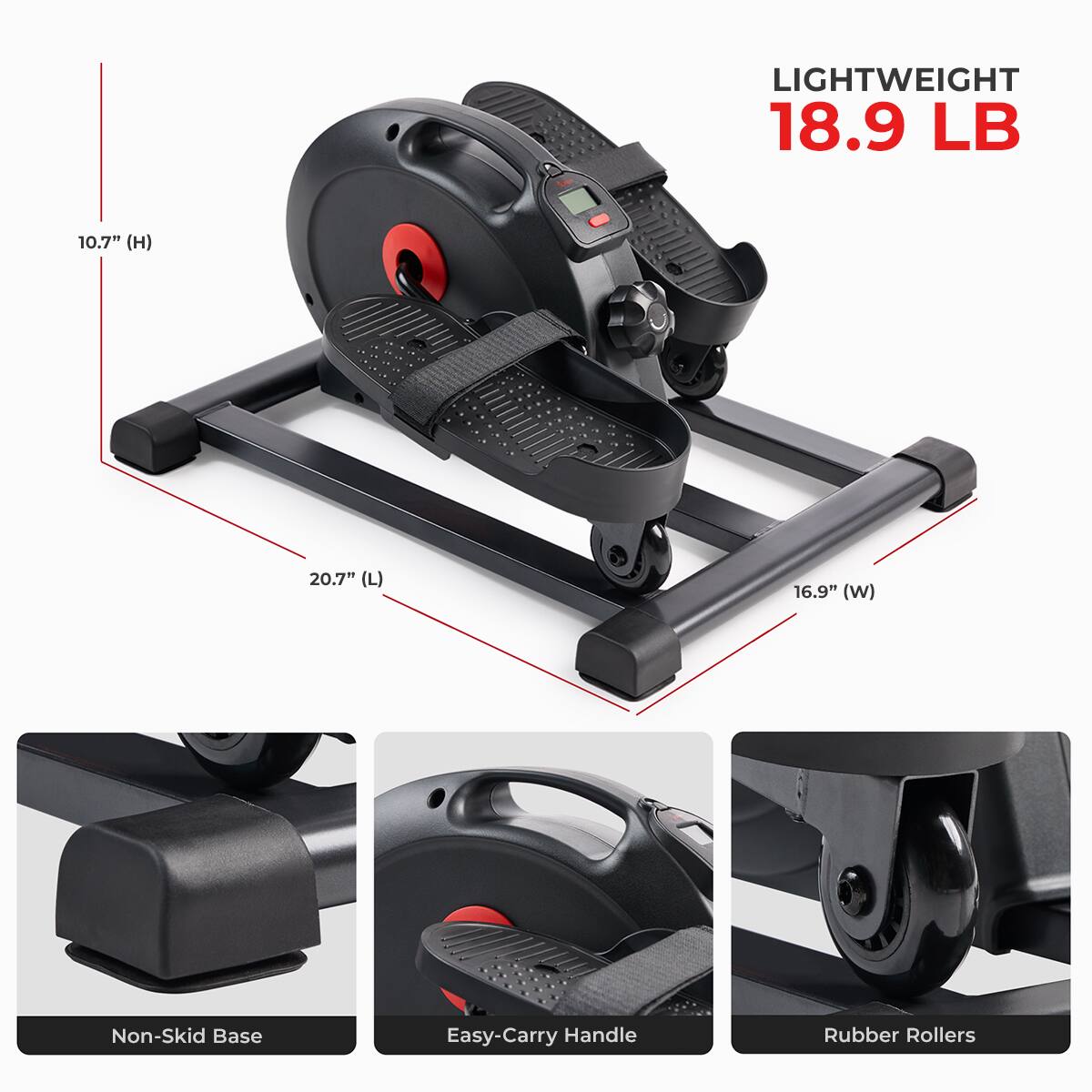 LIGHTWEIGHT 18.9 LB, 10.7" (H), 20.7" (L), 16.9" (W), Non-Skid Base, Easy-Carry Handle, Rubber Rollers