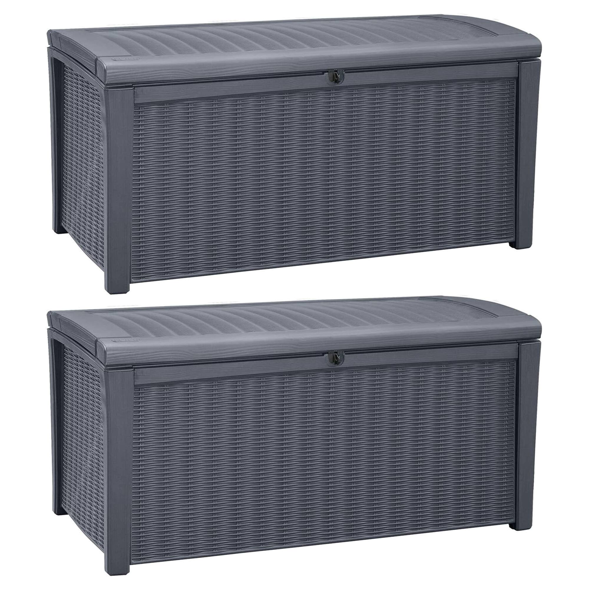 Front. Keter - Keter Borneo Rattan Wicker Resin Patio Deck Storage Box Bench, Grey (2 Pack) - Grey.