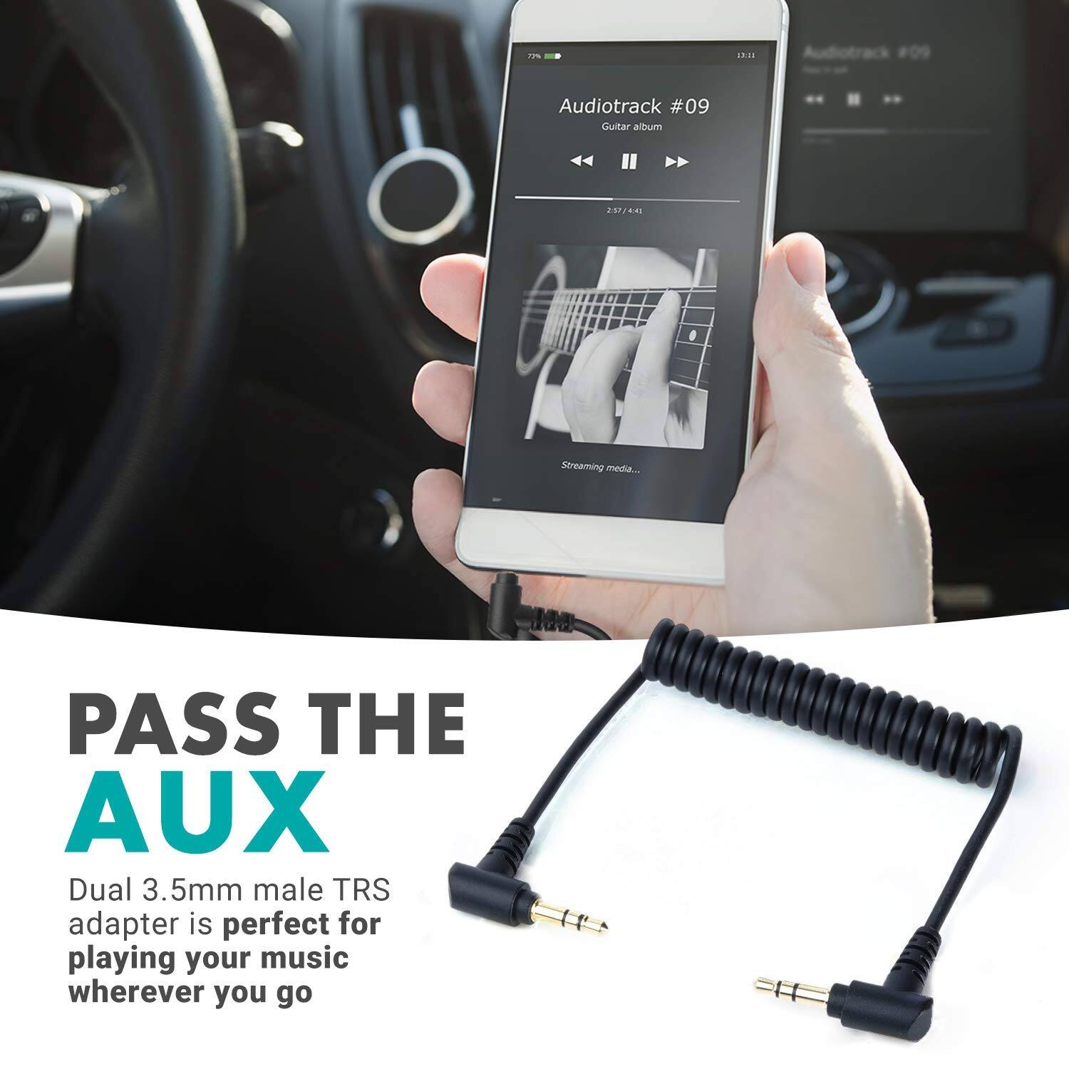 PASS THE AUX

Dual 3.5mm male TRS adapter is perfect for playing your music wherever you go

Audiotrack #09  
Guitar album  
2:57 / 4:41  
Streaming media...