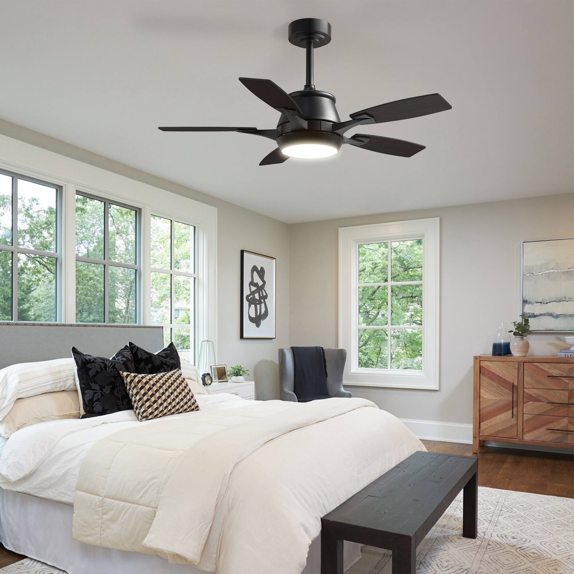 Angle. Siljoy - 42" Modern Low Profile Ceiling Fan with Light and Remote Control Dimmable LED for Bedroom/Living Room - Black.