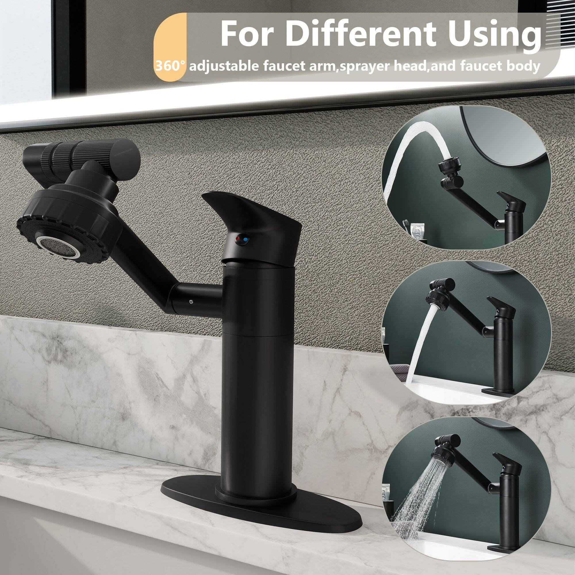 For Different Using 360° adjustable faucet arm, sprayer head, and faucet body
