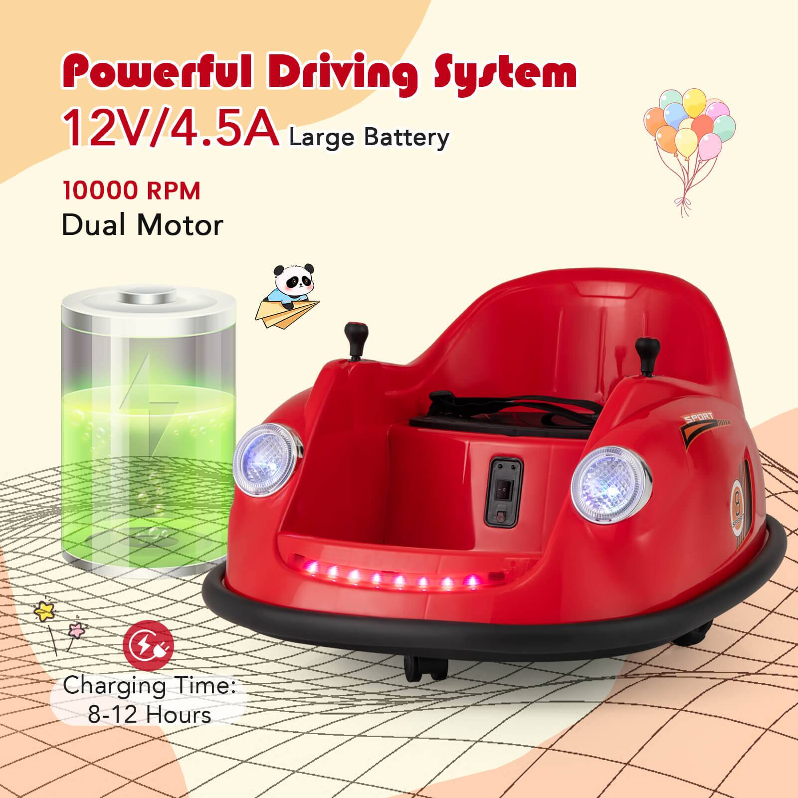 Powerful Driving System  
12V/4.5A Large Battery  
10000 RPM Dual Motor  
Charging Time: 8-12 Hours