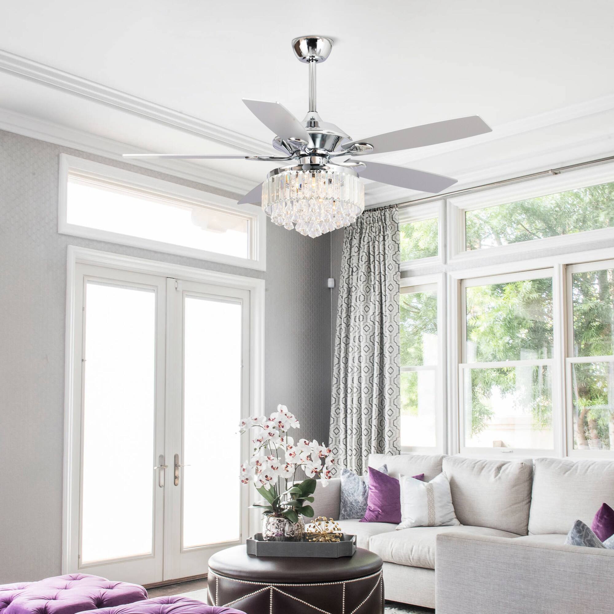 Left. Parrot Uncle - 52" Modern Chrome Crystal Indoor Ceiling Fan Chandelier with Remote - Black.