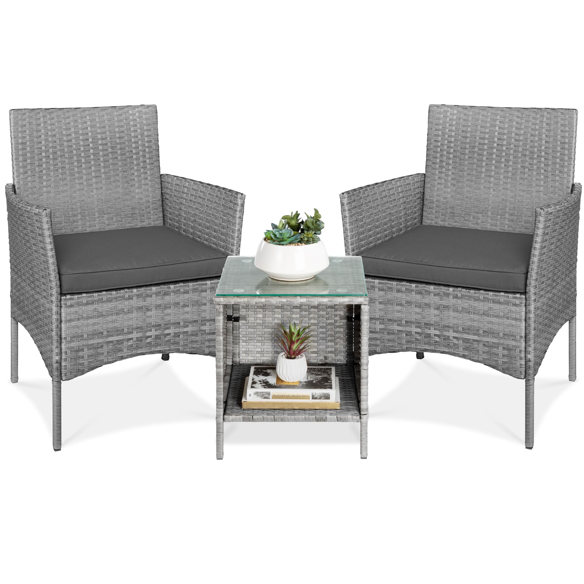 Front. Best Choice Products - Best Choice Products 3-Piece Outdoor Wicker Conversation Patio Bistro Set, w/ 2 Chairs, Table - Gray/Gray - Gray/Gray.