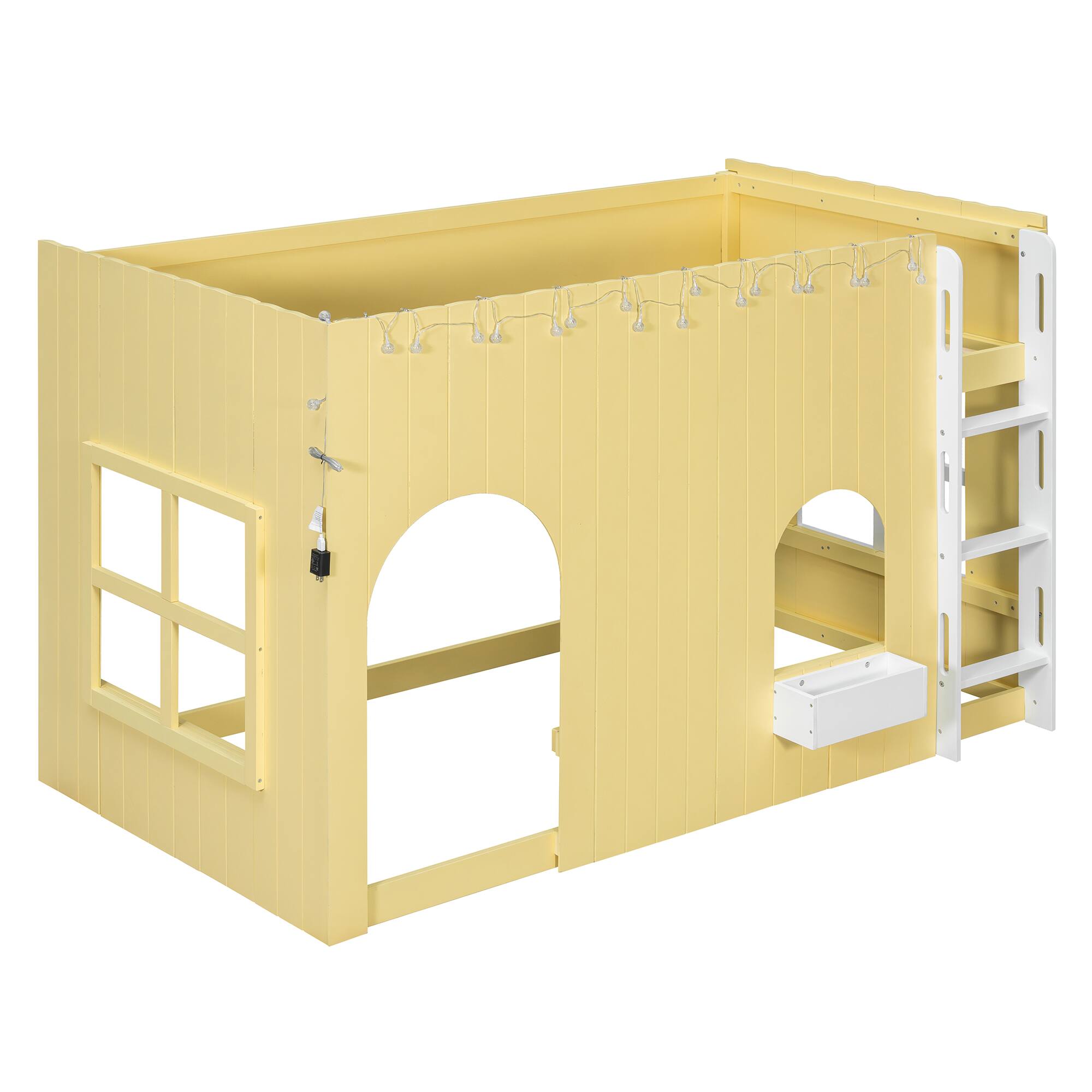 Back. Whisen - Kids Loft Bed with LED Light String,Cottage-Style Play House Bed with Guardrails - Yellow.