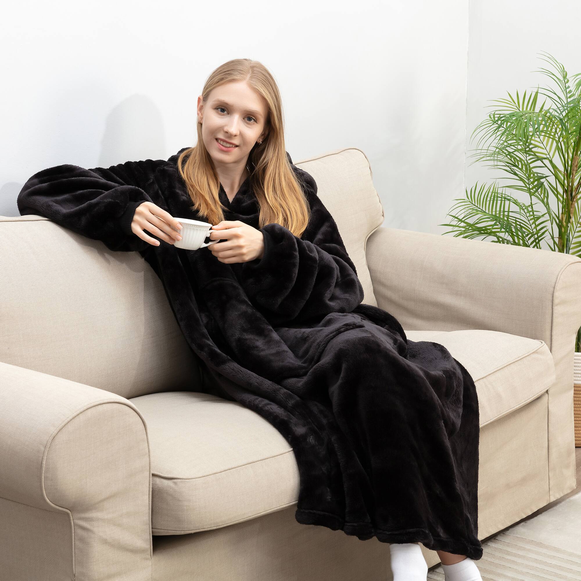 Angle. Sweet Home Collection - Oversized Wearable Adult Blanket with Sleeves and Hood - Black.