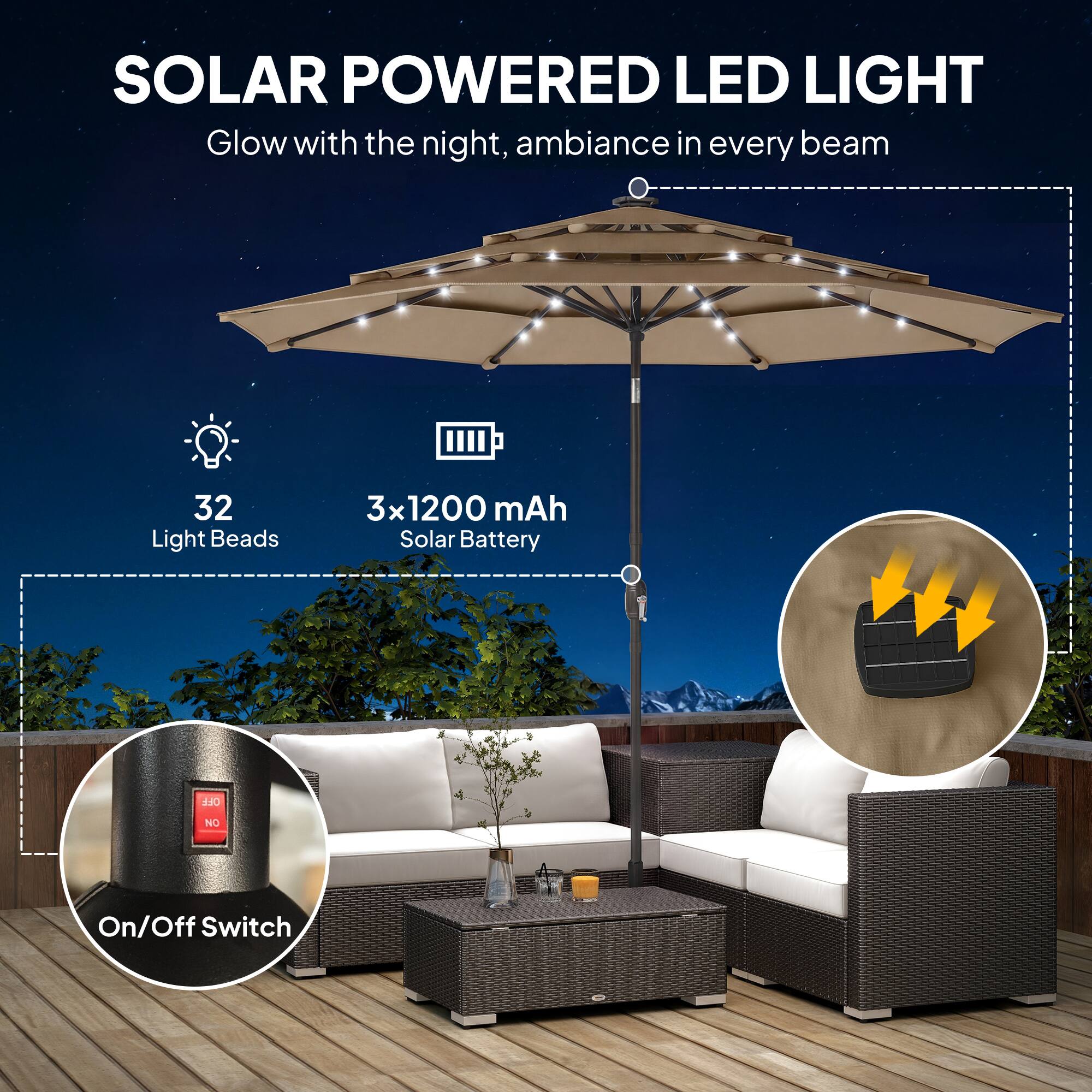 SOLAR POWERED LED LIGHT  
Glow with the night, ambiance in every beam  

- 32 Light Beads  
- 3x 1200 mAh Solar Battery  
- NO On/Off Switch